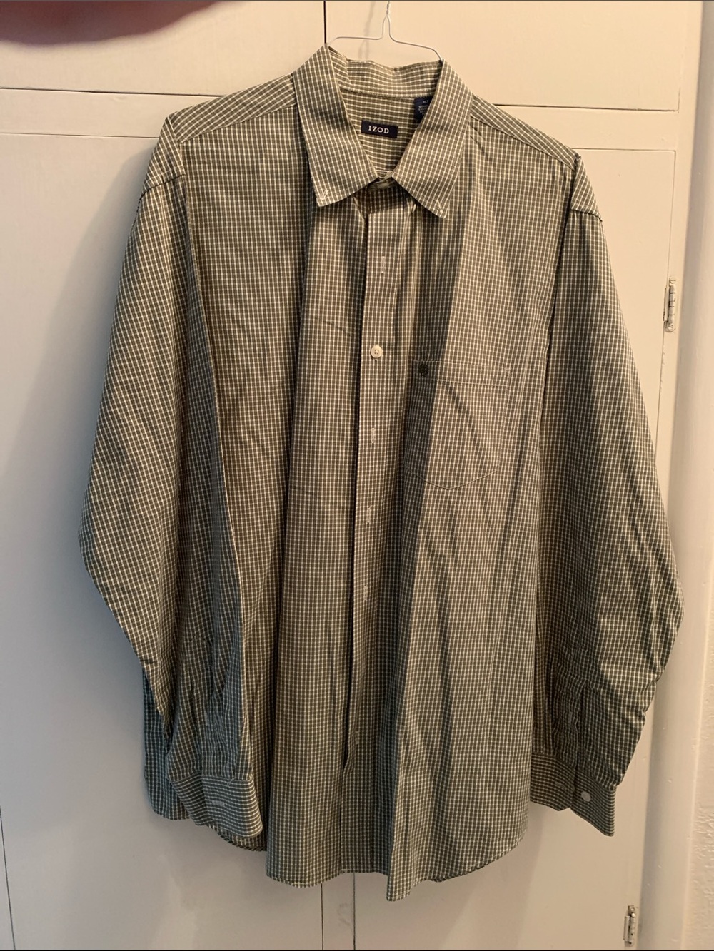 Izod Olive and White Mini Check Long-Sleeve Dress Shirt
